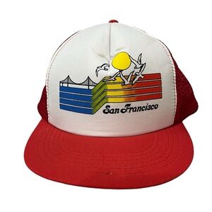 NEW Vintage San Francisco Red trucker hat SnapBack Bridge Birds Mesh Flat Brim